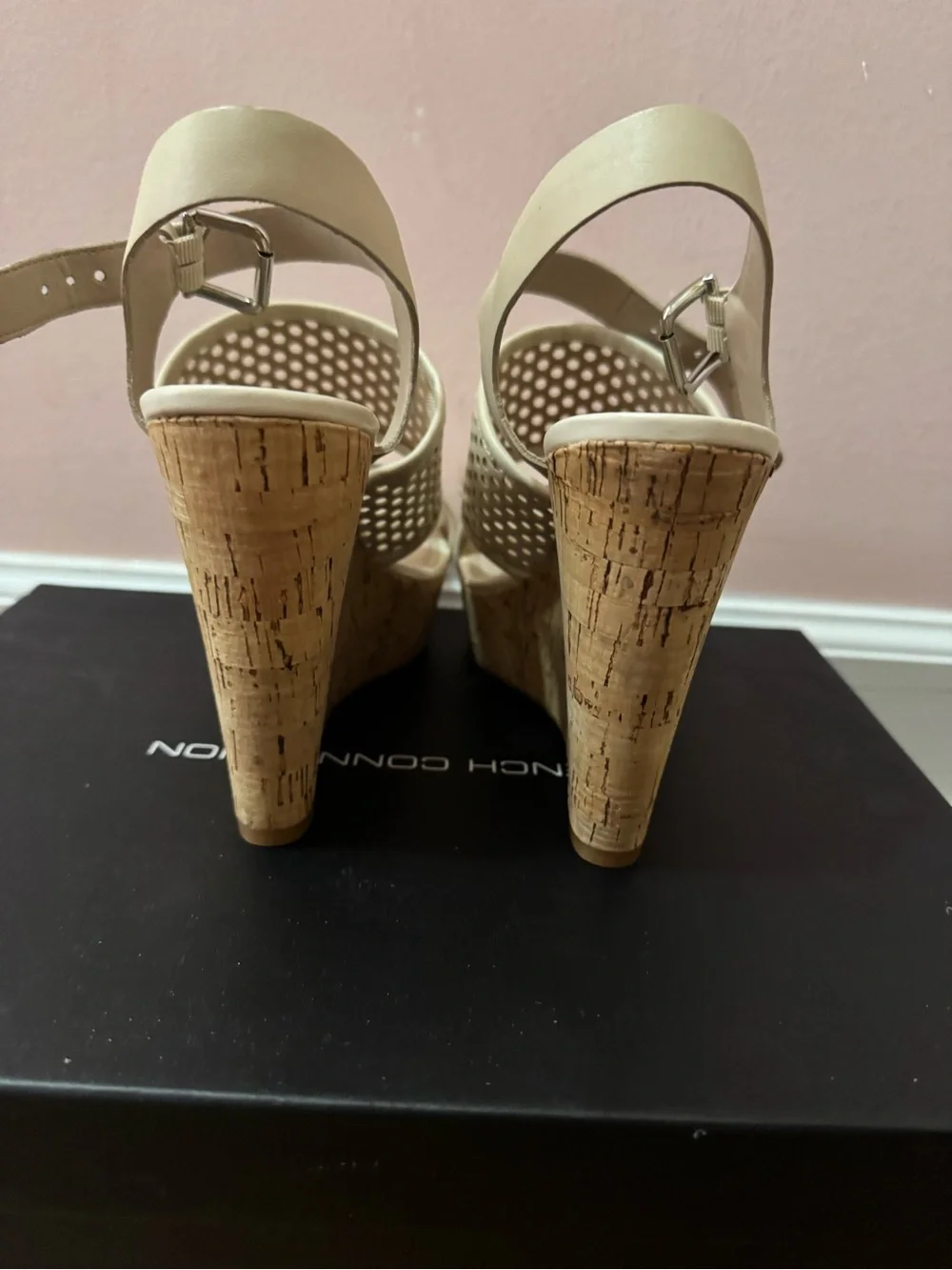 French Connection Cream Perforated Wedge Sandals